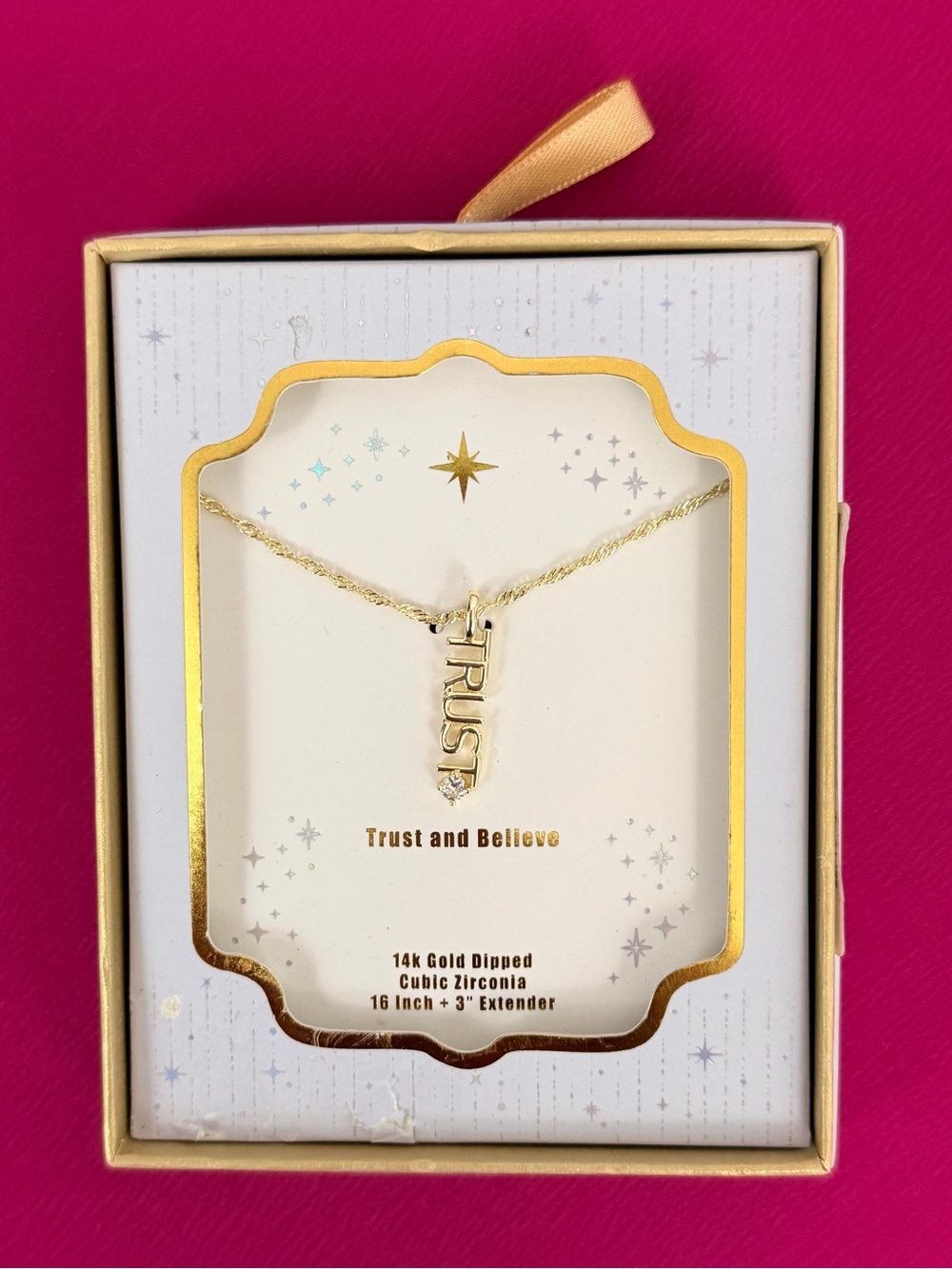 Holiday 14K Gold Dipped ‘Trust’ Pendant & 16” w/3” extender Necklace w- CZ Stone